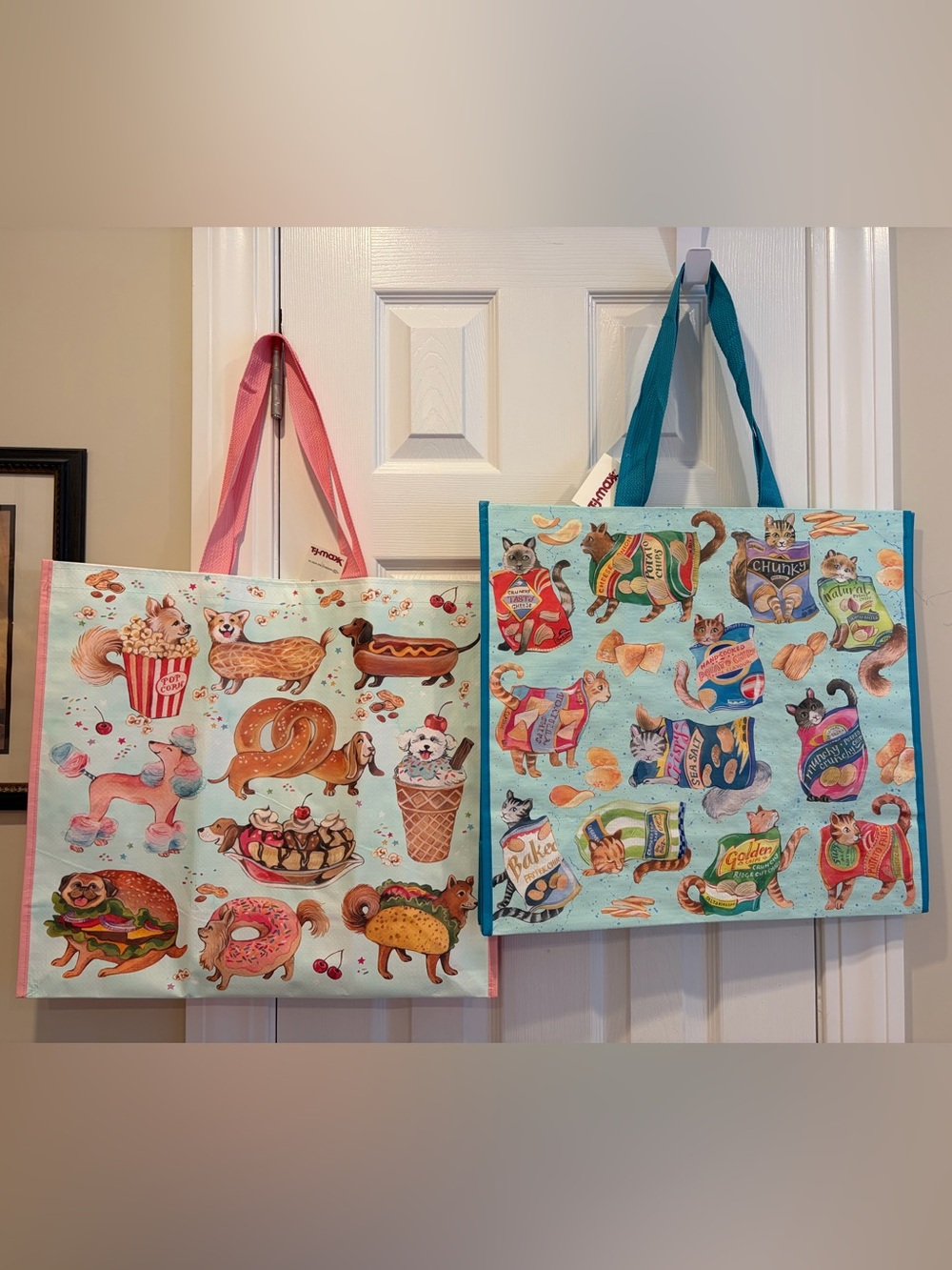 Set of Two TJ Maxx Reusable Tote Bags: Dogs, Cats, Snacks and Sweets 🐕🐾🍦🐈🌭🍭
